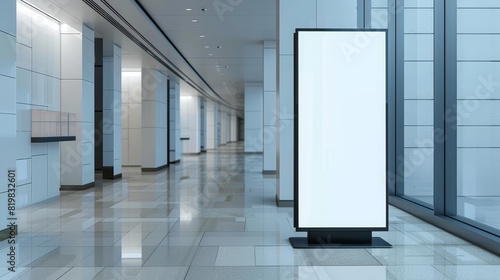 Empty office hallway with blank billboard display. White LCD screen floor stand for advertising. Vertical ads banner in interior  realistic 3D modern mock-up.