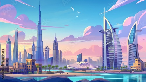 A cartoon modern illustration of the Burj Khalifa, Burj al Arab, and Cayan Tower buildings, Dubai landscape, UAE world famous architecture landmarks, United Arab Emirates, dated February 14, 2020. #819832678