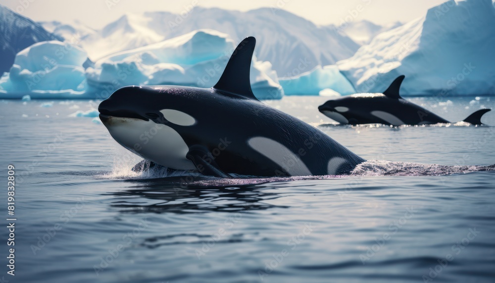 Fototapeta premium Groups of Orcas or killer whales swim and hunt for prey, the top of the food chain in a sea of ​​ice floes