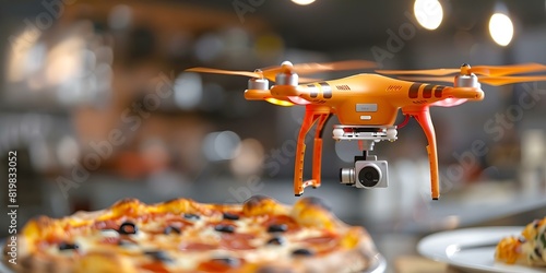 Pizza delivery by drone technology enhances flavor journey to culinary heaven. Concept Drone Technology, Pizza Delivery, Culinary Experience, Flavor Journey, Technology Innovation photo