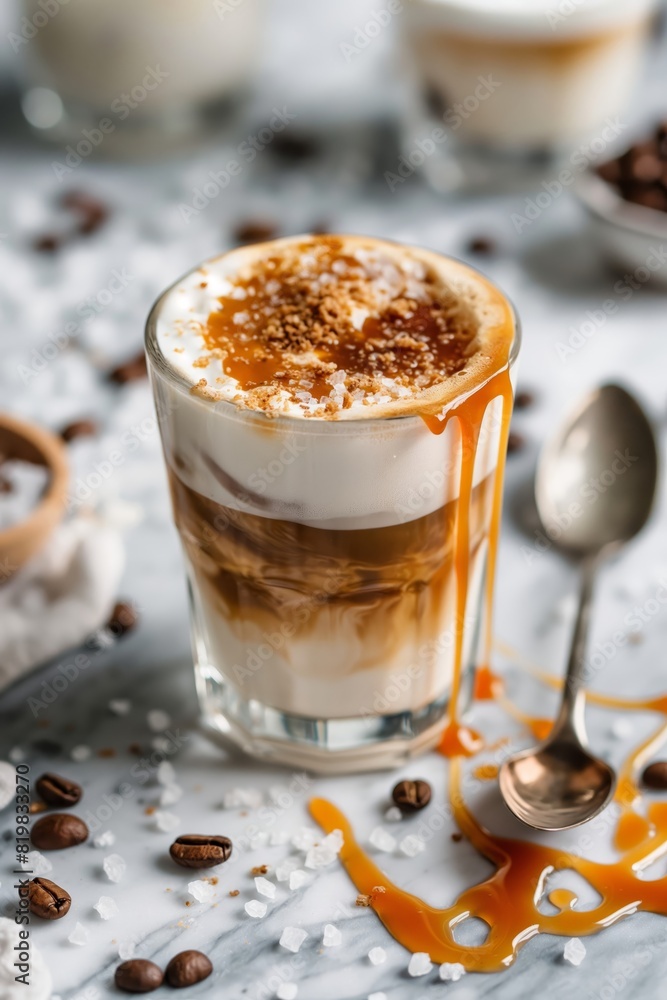 A glass of coffee with a spoon on top of it A glass of coffee with a spoon on top of it