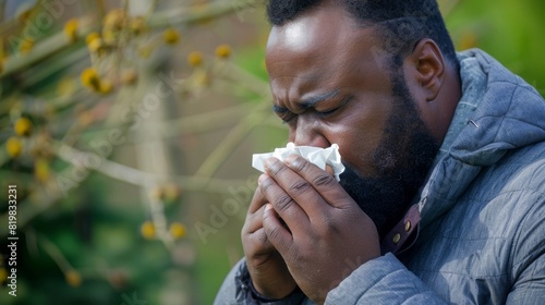 Man Sneezing into a Tissue Outdoors photo