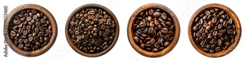 Coffee beans in wooden bowl, isolated, png set photo