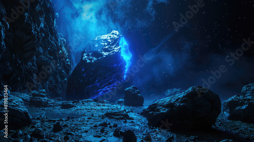 there is a glowing asteroid. The main color scheme of the image is blue, and the surroundings are dimly lit. The image is captured with an ultra wide angle lens, and it is spacious