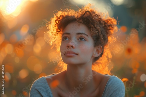 Golden-hour portrait of a contemplative young woman with curly hair among orange flowers