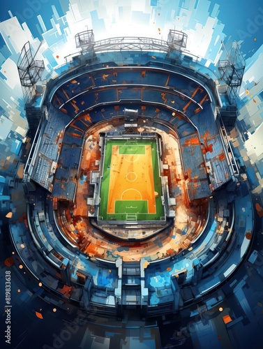 a futuristic stadium with a glowing blue and orange field