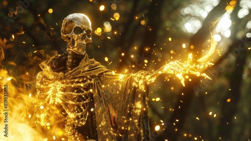 Golden Skeletal Wizard Casting Spell in Enchanted Forest photo
