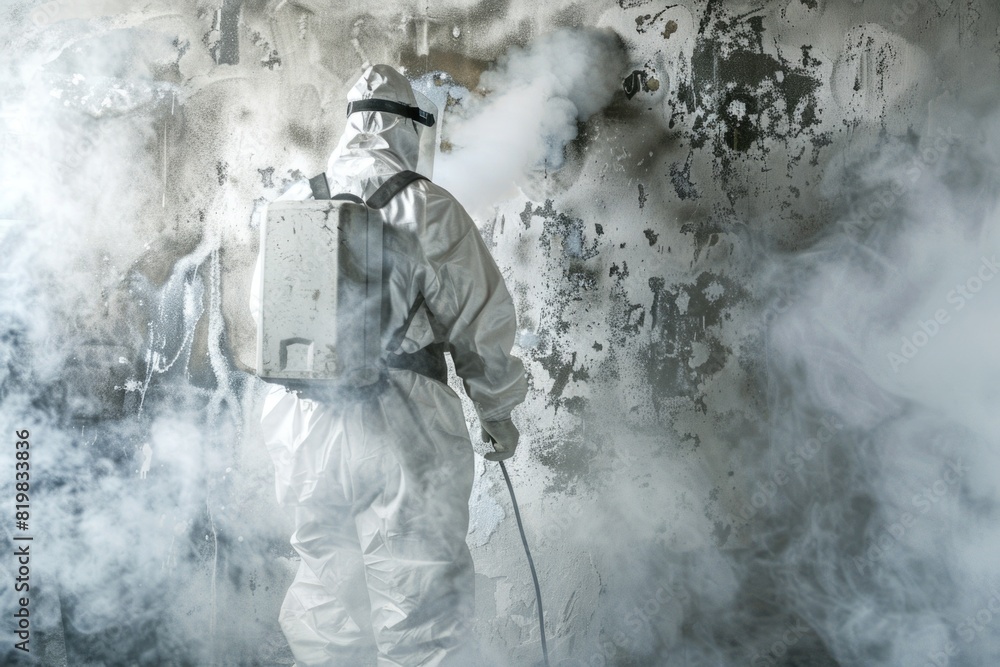 Man in protective suit using spray gun on wall, suitable for construction industry projects Man in protective suit using spray gun on wall, suitable for construction industry projects
