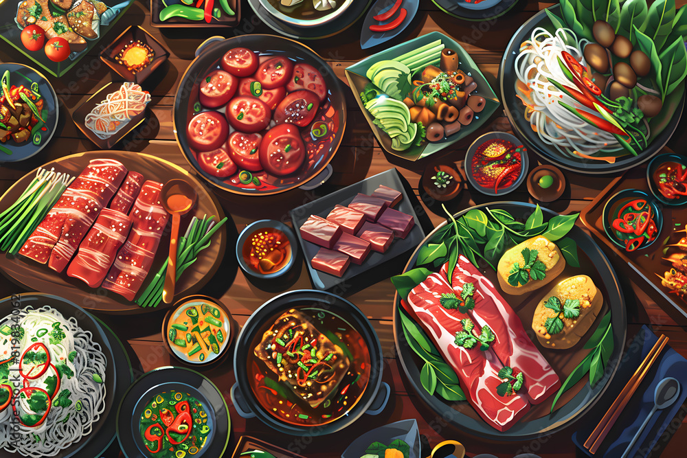 Asian foods displaying handmade ceramic plates and pottery with a stained window and flowers in the background Asian foods displaying handmade ceramic plates and pottery with a stained window and flowers in the background