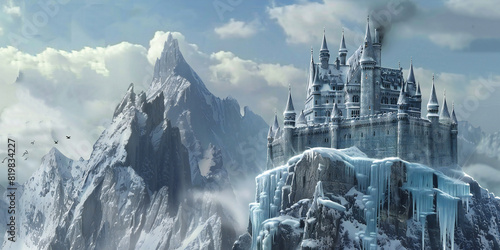 winter in the mountains, Snow-Covered Castle on Mountain Ridge An image of a snow-covered castle perched on a mountain ridge, with icicles hanging from the battlements and frost covering photo