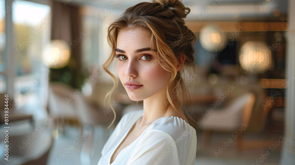 Elegant young lady with a professional hairstyle, posing in a comfortable, corporate setting Elegant young lady with a professional hairstyle, posing in a comfortable, corporate setting