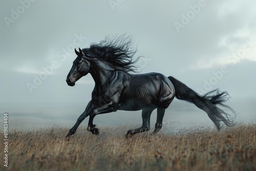 A majestic black horse running through a scenic field. Perfect for equestrian or nature-themed designs