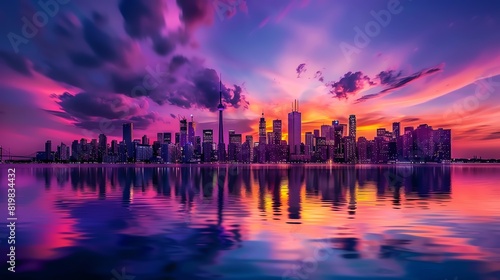 A beautiful cityscape of a modern city with skyscrapers and a colorful sky.