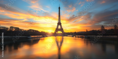 Eiffel Tower silhouette beautifully framed by colorful Parisian sunset. Concept Travel Photography, Eiffel Tower, City sunsets, Parisian vibes, Silhouette portraits © Ян Заболотний