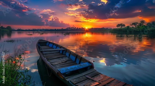 A wooden boat sits on a calm lake at sunset. The sky is ablaze with color, and the water reflects the vibrant hues. photo