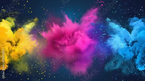 A realistic modern of Holi paint powder color explosions with small splashes of blue  pink  yellow  and white on white paper and isolated on dark background.