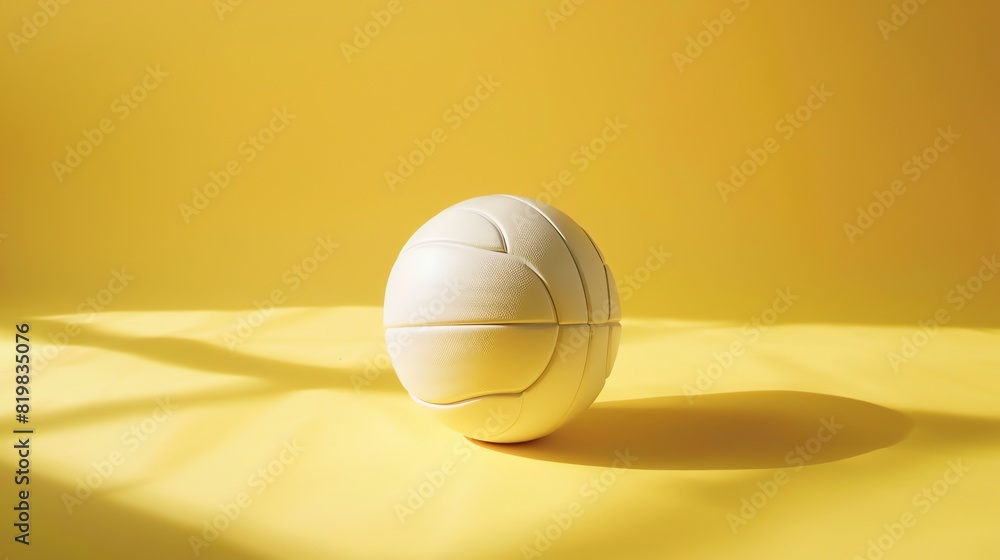 White volleyball on a yellow background. The ball is in the center of the image and is facing the camera.