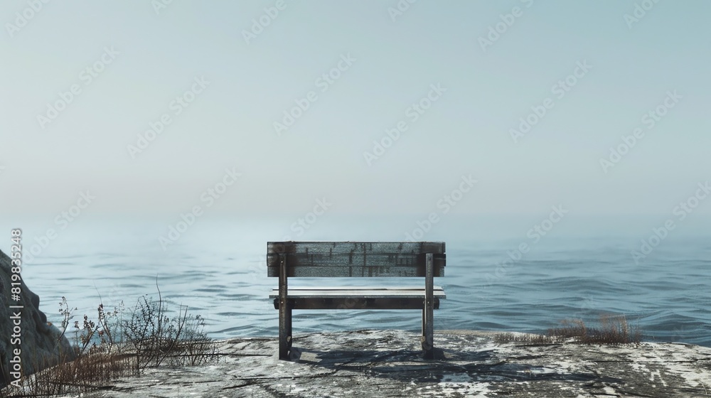 A wooden bench sits on a rocky cliff overlooking a vast ocean. The sky is hazy and the water is calm.
