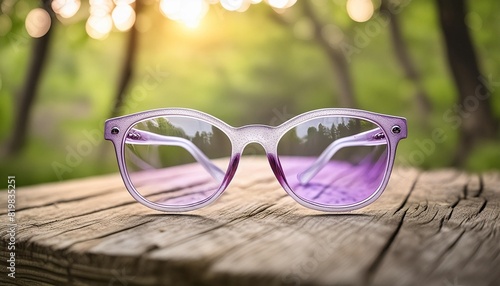 amethyst purple translucent ladies glasses exquisitely thin displayed on an antique wooden table the soft evening light casts a gentle glow ultra high details 32k