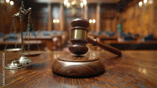 Hyperrealistic image of judge gavel and scale of justice at the court, front view, 