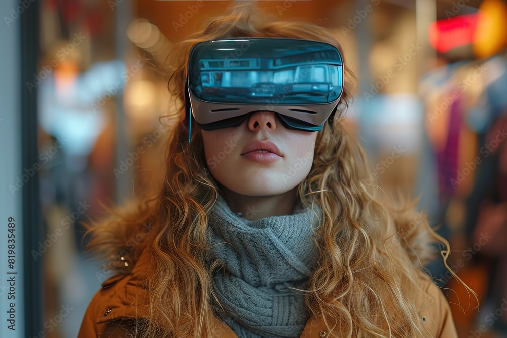 Concept of personalized shopping experiences, showcasing a customer using a virtual reality (VR) or augmented reality (AR) application to virtually try on clothing Concept of personalized shopping experiences, showcasing a customer using a virtual reality (VR) or augmented reality (AR) application to virtually try on clothing