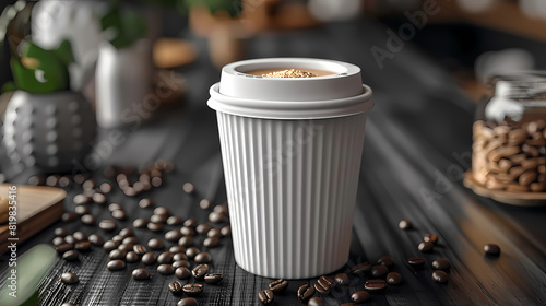 mock up blank white coffee cup with white lid, cafe table background. AI Generated Images -