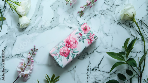 decorative floral gift boxes with botanical design on marble