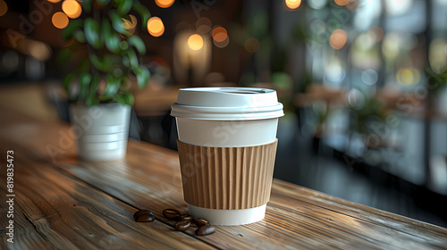 mock up blank white coffee cup with white lid, cafe table background. AI Generated Images - photo
