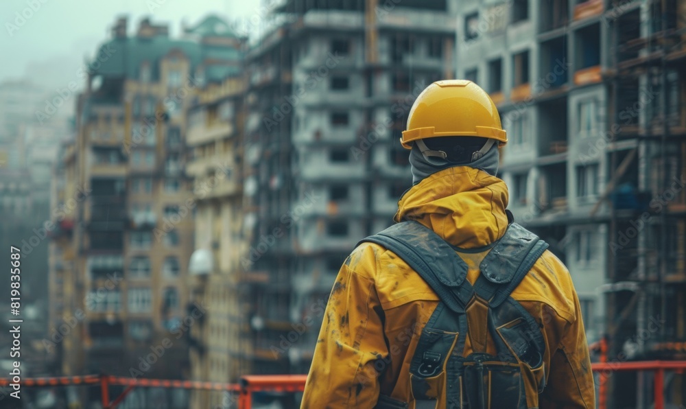 rear view of male worker working in construction site, wearing safety kit, copy space. rear view of male worker working in construction site, wearing safety kit, copy space.