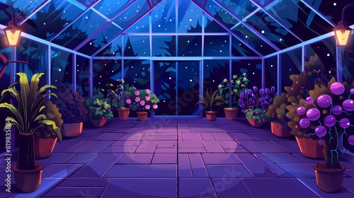 Illustration of greenhouse interior at night with potted plants. Garden is empty, large orangery with glass walls, windows, roof, and stone floor. Place for growing flowers. Cartoon modern photo