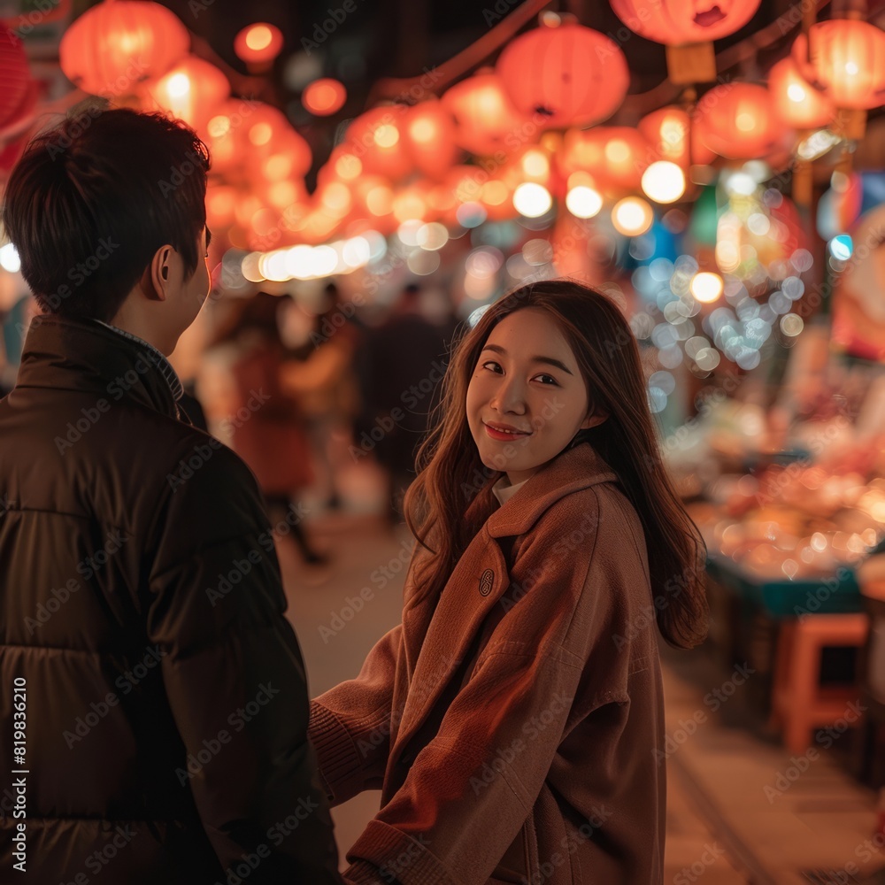 Asian girl turning back with smiling holding boyfriend hand in city street of colorful Chinese lantern lights and bokeh effects