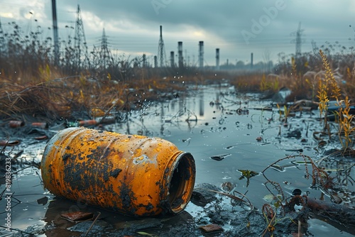 A discarded  weathered chemical barrel contaminates a stagnant water body near industry