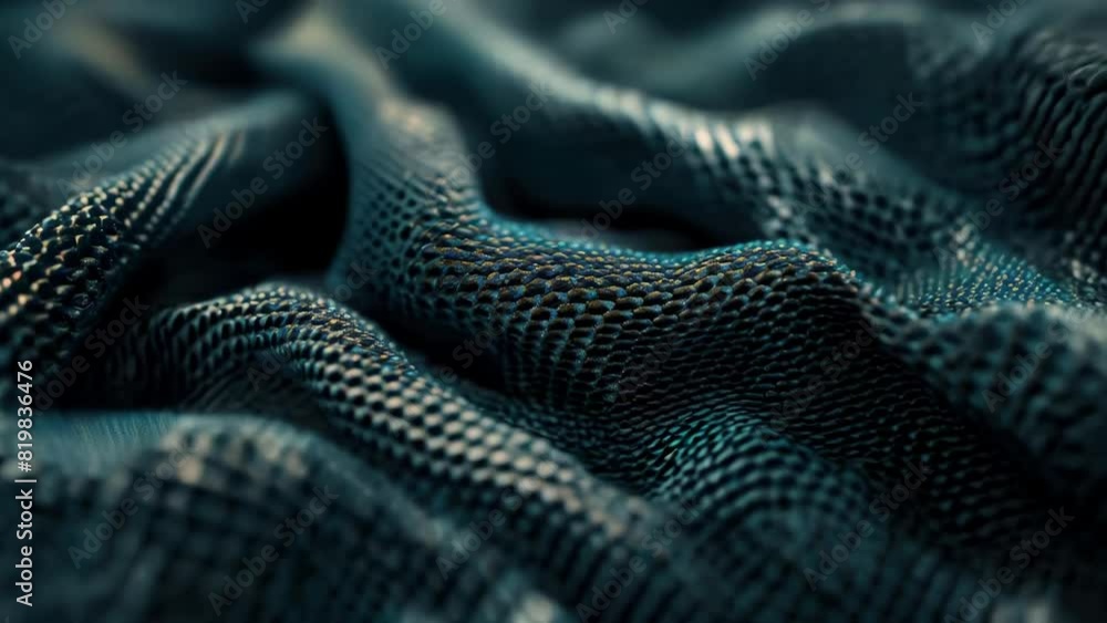 A close up of a blue fabric with a pattern of lines and dots. The fabric is made of a synthetic material and has a shiny, metallic appearance. Concept of modernity and sophistication A close up of a blue fabric with a pattern of lines and dots. The fabric is made of a synthetic material and has a shiny, metallic appearance. Concept of modernity and sophistication