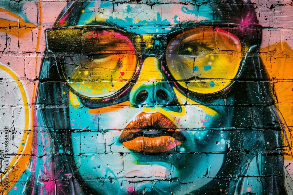 Obraz premium A striking neon-colored portrait of a woman against a graffiti-covered brick wall, exuding urban street art charm.. Beautiful simple AI generated image in 4K, unique.
