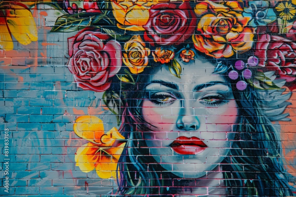 A striking neon-colored portrait of a woman against a graffiti-covered brick wall, exuding urban street art charm.. Beautiful simple AI generated image in 4K, unique.