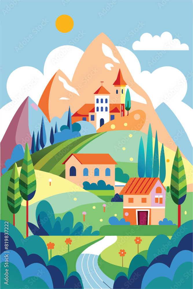 Flat illustration of a country view, vector illustration. Flat illustration of a country view, vector illustration.