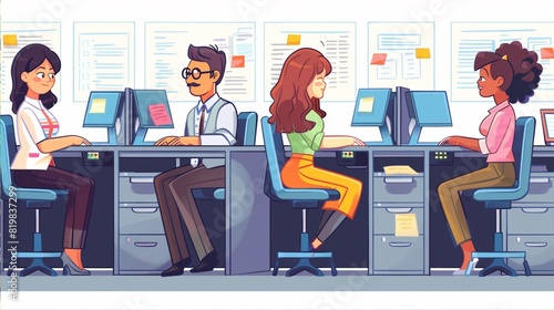 Group of multi ethnic corporate employees working in co-working open space walking in motion, sit at shared desks. Busy workday, office rush concept. Horizontal photo banner for website header design.