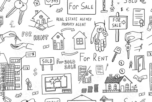 Seamless pattern of real estate theme in doodle style. For rent, for sale, for sold, property agent, property agency, house keys, deal, contract. Good for banner, professional design. Hand drawn