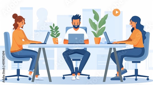 Group of multi ethnic corporate employees working in co-working open space walking in motion, sit at shared desks. Busy workday, office rush concept. Horizontal photo banner for website header design.