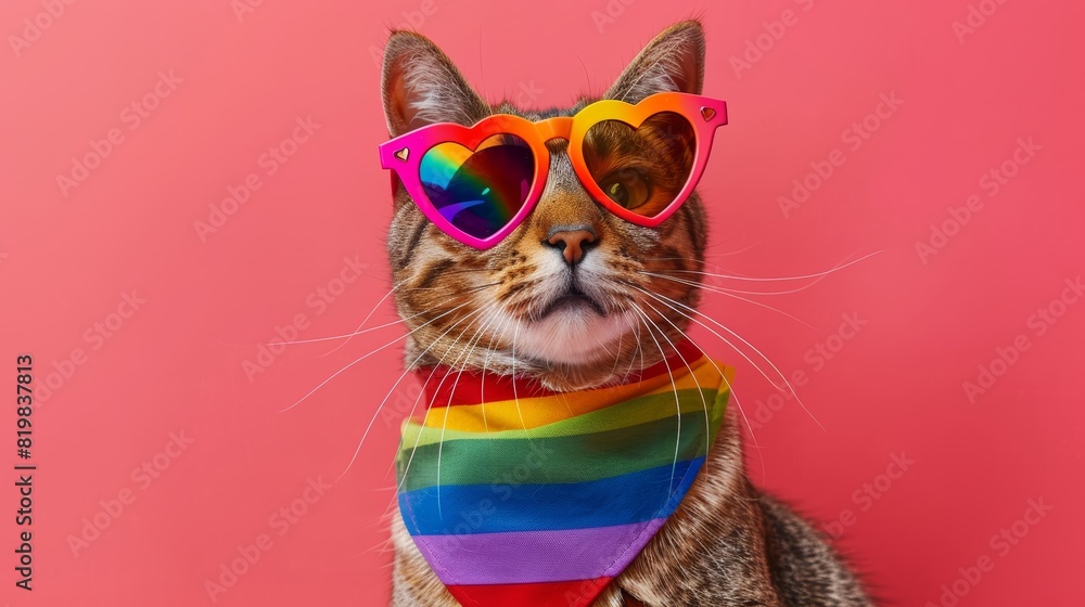 A cat with heart-shaped sunglasses and a rainbow bandana, perfect for pride celebrations and LGBTQ+ events. A colorful and festive image that captures the spirit of inclusivity and love