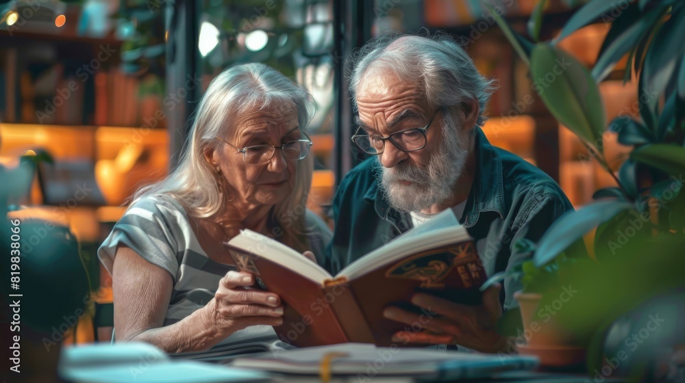 Senior Elderly Couple Reading a Family Album in Cozy Room. Generative ai. Senior Elderly Couple Reading a Family Album in Cozy Room. Generative ai.
