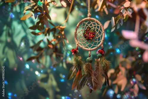 ethereal dreamcatcher hanging among twinkling fairy lights with a bokeh background