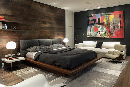 Modern bedroom with a low bed frame, dark gray bedding, bold wall painting, luxurious sofa set, and white chair. Luxurious rug and sleek lamps.