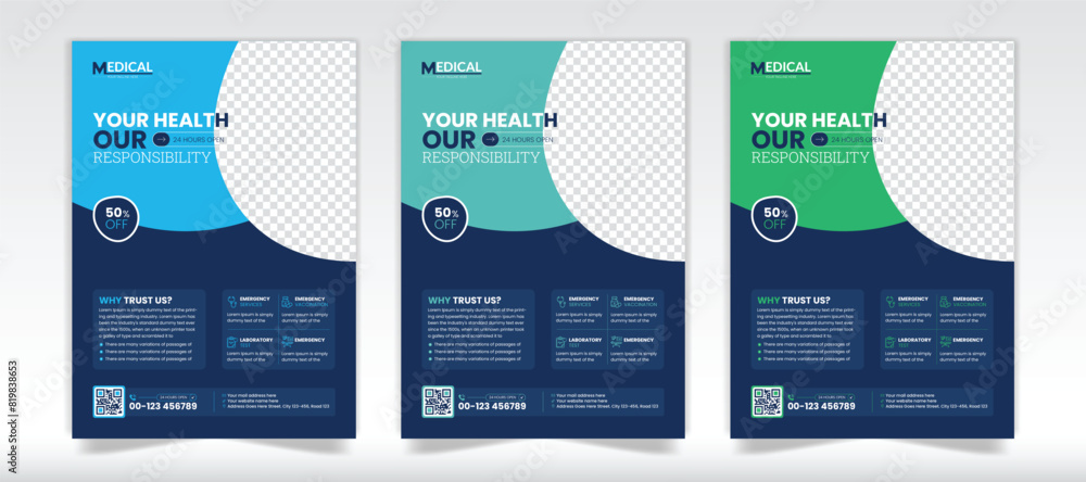 Medical health flyer design with 3 color flyer set Medical health flyer design with 3 color flyer set