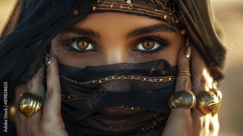 exquisite portrait of Arabic woman with detailed eye makeup and traditional jewelry