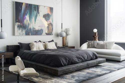 Modern bedroom with a low bed frame, dark gray bedding, bold abstract painting, luxurious sofa set, and white chair. Luxurious rug and sleek lamps. photo