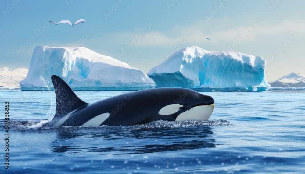 Fototapeta premium Groups of Orcas or killer whales swim and hunt for prey, the top of the food chain in a sea of ​​ice floes
