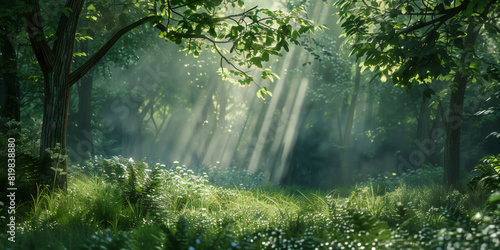 morning in the woods, A serene forest scene, where sunlight filters through the canopy, illuminating the lush greenery below. Show the tranquility of nature in its purest form.
