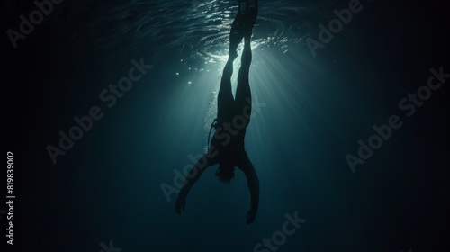 Silhouette of Diver in Deep Blue Ocean