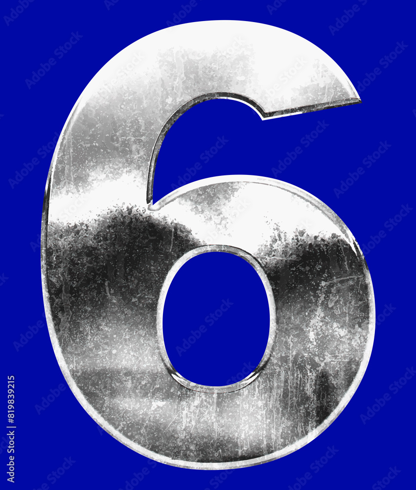Number six with silver or steel hard texture bright and shiny on blue background for easy to die cut Number six with silver or steel hard texture bright and shiny on blue background for easy to die cut